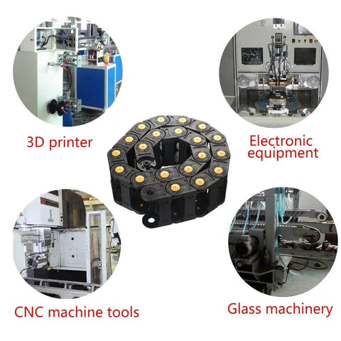 R100 Open Cable Drag Chain Carrier in various machine setups for CNC machines, 1 meter long, 35x100mm, showcasing versatility and cable management.