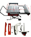 Heavy Duty 10 Inch Sliding Table Saw With 110V Motor And Quick Clamping Rip Fence, includes measurements and accessories.