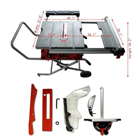Heavy Duty 10 Inch Sliding Table Saw With 110V Motor And Quick Clamping Rip Fence, includes measurements and accessories.