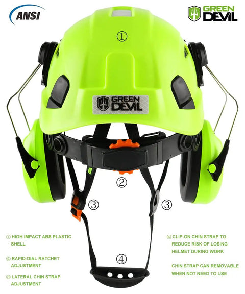Front view of high-impact green ABS hard hat with visor, detachable earmuffs, and chin strap; part of 3 In 1 Safety Helmet Kit With Visor And Ear Muffs For All Day Comfort.