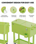 80 Quart Rolling Ice Chest Cooler Cart For Patio Parties And Party Ready Backyard Bar Setup With Folding Shelf And Bottle Opener Light Green Portable Beverage Cooler On Wheels showing drain hole and ergonomic handle features