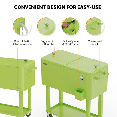 80 Quart Rolling Ice Chest Cooler Cart For Patio Parties And Party Ready Backyard Bar Setup With Folding Shelf And Bottle Opener Light Green Portable Beverage Cooler On Wheels showing drain hole and ergonomic handle features