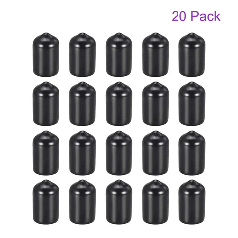 Image showing a 20 Pack Three Eighths Inch Black Screw Thread Protectors Rubber End Caps Bolt Covers For Screws Bolts Furniture Feet Pipe Ends And Fence Railings Nine Point Five Millimeter Inner Diameter Easy Snap On Durable Protective Caps arranged in rows.