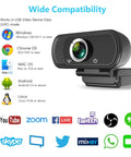 Slick 1080p Webcam With Noise Canceling Mic And Auto Light Correction Plug And Play For PC Laptop Video Calls Work From Home Streaming showing compatibility with major operating systems.