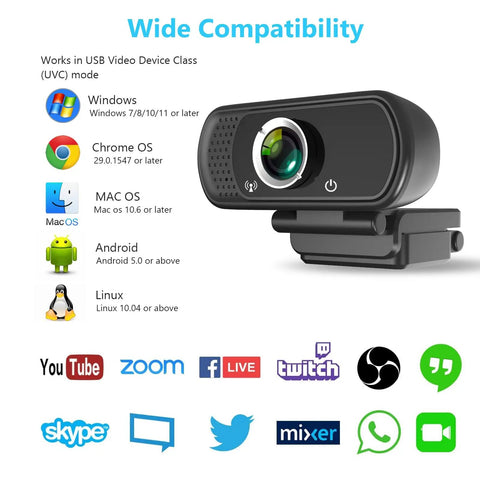 Slick 1080p Webcam With Noise Canceling Mic And Auto Light Correction Plug And Play For PC Laptop Video Calls Work From Home Streaming showing compatibility with major operating systems.
