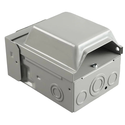 Heavy Duty NEMA L5 30R Power Outlet Box With 15 Amp Switch, lockable gray metal exterior for outdoor use.