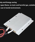 Angled front view of a rectangular aluminum-shell PTC heating element with red and black 12V leads
