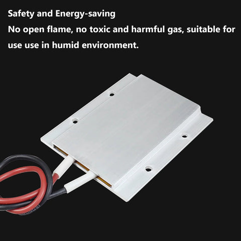 Angled front view of a rectangular aluminum-shell PTC heating element with red and black 12V leads