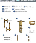 Package contents for Antique Brass Door Lever Privacy Handle, 1 Pack Zinc Alloy, includes assorted parts and screws.