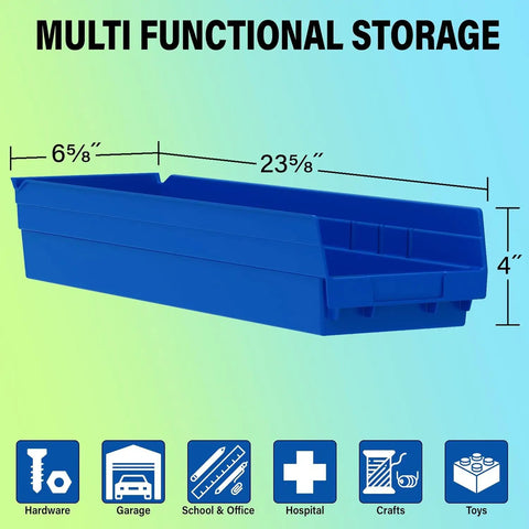 Heavy Duty Plastic Shelf Bins For Garage And Closet Organization 24 Inch By Six And A Half Inch By Four Inch Blue Six Pack Durable Storage Bins For Shelves Cabinets And Drawers