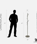 Tall Brushed Steel Coat Rack With Six Hooks For Coats Bags Purses And Hats Space Saving Entryway Organizer Standing 67 Inches In Height For Small Apartments next to person for size comparison.