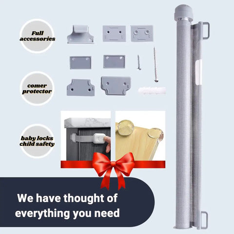 Extra Wide 72 Inch Retractable Baby Gate For Kids And Pets With accessories, showing wall mounts and safety features.