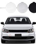 Front Bumper Tow Hook Cover For VW Jetta 2011 2012 2013 2014 Right Passenger Side White Easy DIY Install Towing Eye Cap Trailer Hitch Cover 5C6807241 5C6807241B shown on front of car and individually