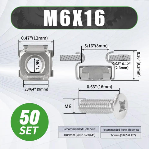 Heavy Duty Rack Mount Cage Nuts and M6 X 16mm Thumb Screws Kit With 304 Stainless Steel dimensions and specifications