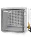Beefed Up Heavy Duty Waterproof Electrical Enclosure Box For Outdoor Use With Clear Lid ABS Plastic Junction Box Measures 15.7 By 13.8 By 5.9 Inches with accessories in grey
