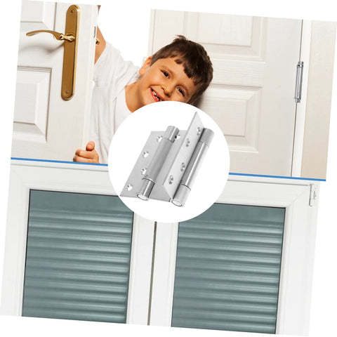Residential double-opening door spring hinge in silver metal; high-load capacity with hinge hardware close-up.