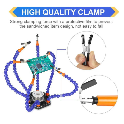 High quality clamp on Six Arm Soldering Station With Flexible Gooseneck Arms And Aluminum Base for precise electronics work.