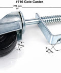 Heavy Duty 4 Inch Spring Loaded Gate Caster Wheel Automatic Height Adjustment 250 Lb Capacity showing dimensions and design.