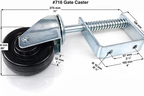 Heavy Duty 4 Inch Spring Loaded Gate Caster Wheel Automatic Height Adjustment 250 Lb Capacity showing dimensions and design.