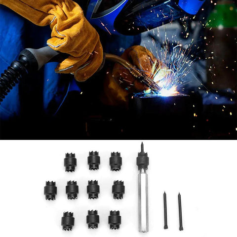 13 Piece Three Eighths Inch Double Sided HSS Spot Weld Cutter Kit With Hex Shank Drill Bits For Spot Weld Removal And Sheet Metal Panel Separator For Access Hole Cutting, set shown with welding use