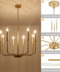 Gold 8 Light Modern Farmhouse Chandelier For Dining Room Kitchen Island Foyer And Living Room Rustic Industrial Candle Pendant Light Fixture With Cupless Candelabra Sockets showcasing gold finish with adjustable chain and E12 candle bases.