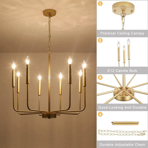 Gold 8 Light Modern Farmhouse Chandelier For Dining Room Kitchen Island Foyer And Living Room Rustic Industrial Candle Pendant Light Fixture With Cupless Candelabra Sockets showcasing gold finish with adjustable chain and E12 candle bases.