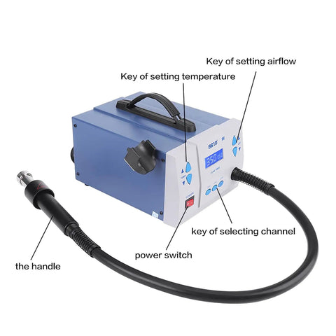 1000W Digital Soldering Rework Station With Hot Air Gun For PCB Repair 110V US Plug LCD Display showing labeled features