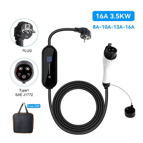 Road Ready Portable EV Charger With 3.5Kw 16A Type 1 J1772 Plug And Play Evse Unit with 5 meter cable and user interface.