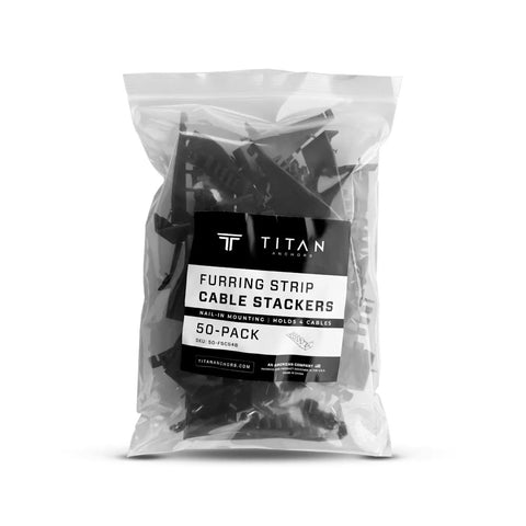 50 Pack TITAN Furring Strip Cable Stackers Organize Low Voltage Wires Ethernet Coax Speaker Cables in transparent bag.