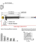 Diagram of 4mm Inductive Proximity Sensor Switch M8 Cylindrical Plug And Play PNP NO 3-Wire DC 10-30V, showing dimensions and wiring.