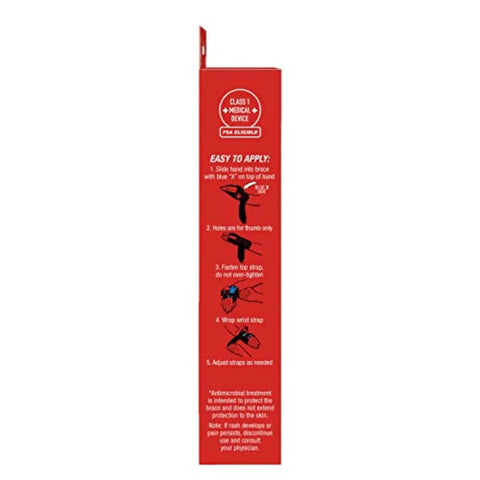 Red packaging side of X Stay Wrist Stabilizer showing application instructions and size options S/M or L/XL.