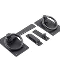 Black Wrought Iron Gate Ring Turn Latch Lock Set 6.5 Inch Wide Reversible Barn Door Catch Antique Style Rustic Hardware components.