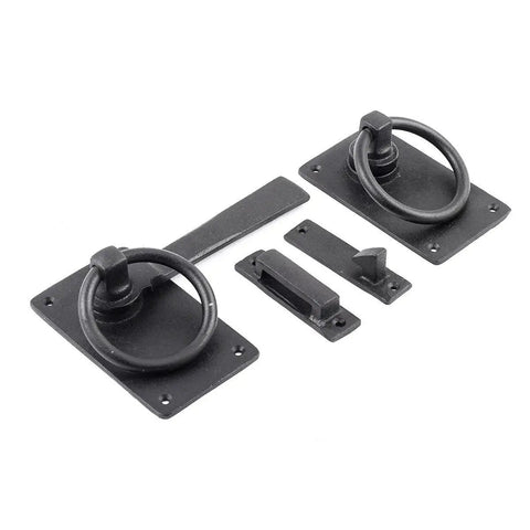 Black Wrought Iron Gate Ring Turn Latch Lock Set 6.5 Inch Wide Reversible Barn Door Catch Antique Style Rustic Hardware components.