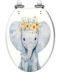 Elongated Toilet Seat for Bathroom featuring a cute elephant design with flowers, measuring 14.5" x 18.5".