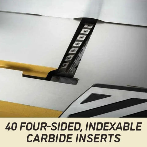 Pro Six Inch Jointer With Helical Cutterhead And One Horsepower Motor showing 40 four-sided indexable carbide inserts for precision.