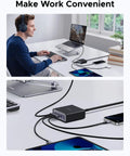 Person using Six Port GaN Desktop Charger With 100W USB C Power Hub to charge multiple devices in an office setup.