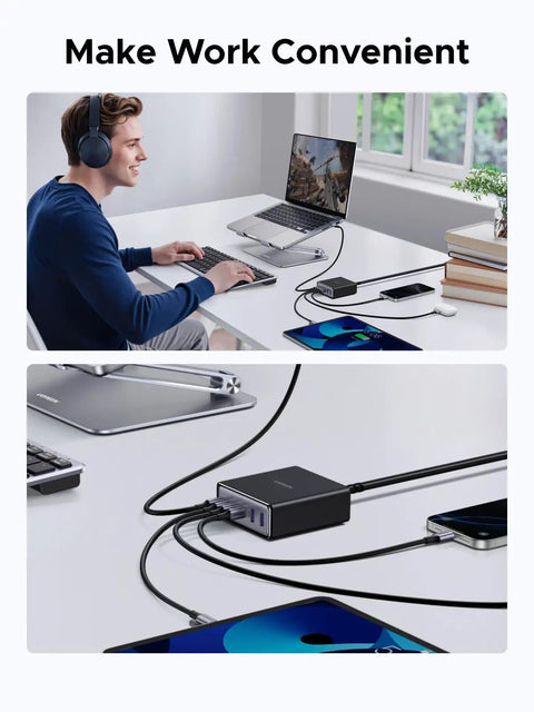 Person using Six Port GaN Desktop Charger With 100W USB C Power Hub to charge multiple devices in an office setup.