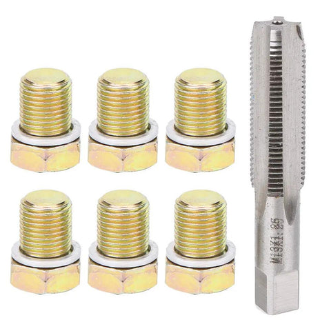 Heavy Duty M13 X 1.25mm Oil Pan Drain Plug Thread Repair Kit To Fix Stripped Threads And Stop Leaks With Precision Tap Tool For Easy Car Maintenance And Quick Engine Fluid Service Without A Messy Job, M13x1.25 steel tap and six drain plugs