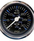 Close-up of a stainless steel water pressure gauge showing up to 30 psi on a 2-inch black dial. Check Out This Killer Chesapeake Stainless Steel Water Pressure Gauge Kit That Measures Up To Thirty Psi In A Compact Two Inch Black Dial Perfect For Monitoring Your System With Style And Precision.