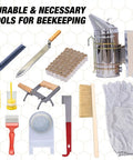 10 Frame Beehive Starter Kit With Beeswax Dipped Frames And Deep Brood Box Includes Unassembled Frames Foundation Sheets Beekeeping Tools And Bee Suit For Newbie Beekeepers showing beekeeping tools and gloves