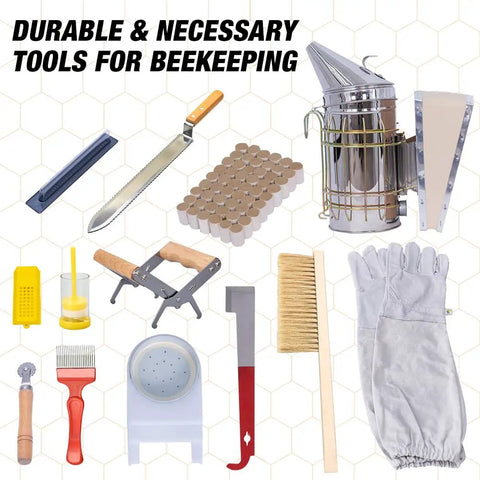 10 Frame Beehive Starter Kit With Beeswax Dipped Frames And Deep Brood Box Includes Unassembled Frames Foundation Sheets Beekeeping Tools And Bee Suit For Newbie Beekeepers showing beekeeping tools and gloves