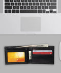 Rugged RFID Leather Bifold Chain Wallet For Men In Pebbled Black on desk with cards and bills visible
