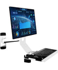 Rock Solid Full Motion Wall Mount Workstation With Adjustable Standing Desk System And Epic Ergonomic Monitor Arm With Keyboard Tray For Savage Home Office Setup Pure Fire with monitor and keyboard tray.