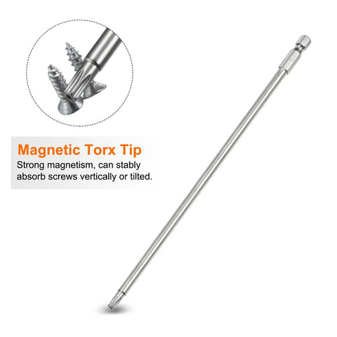 Pro Grade T25 Security Torx Bits With Quarter Inch Hex Shank And Eight Inch Length forged from S2 steel showing magnetic tip.