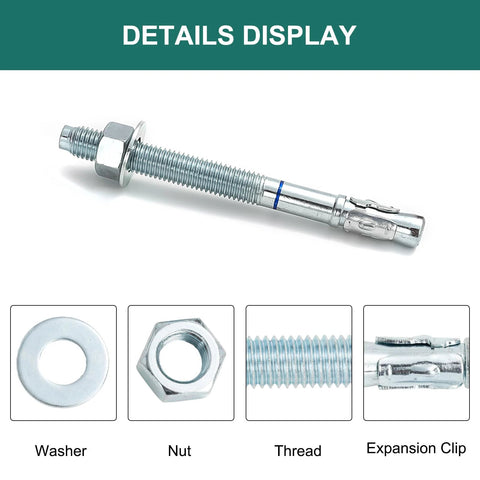 Five Eighth Inch Concrete Anchor Bolts, Six Inch Length, Ten Pack, Wedge Anchors For Concrete, Zinc Plated Carbon Steel details