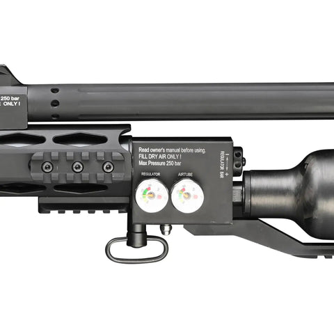 Pressure gauge and carbon fiber cylinder on TacBoss PCP Air Rifle.25 Caliber With Competition-Grade Power And QuietEnergy Shrouded Barrel