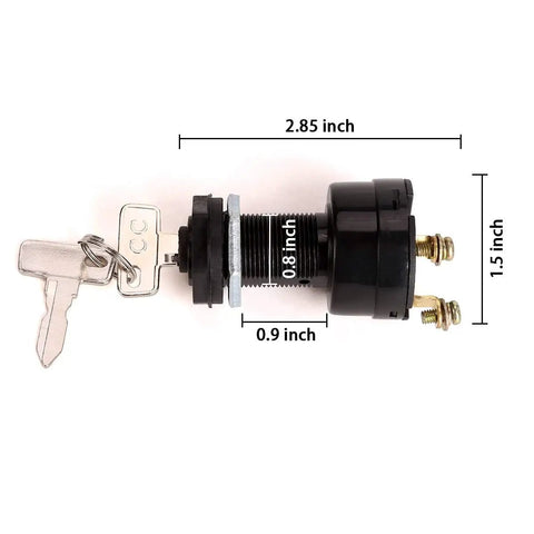 Two Pin Ignition Switch For Club Car DS Golf Carts 36V To 48V Replacement Part 101826201 with dimensions and two keys shown