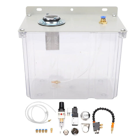 Rock Solid Heavy Duty Machine Tool Coolant Sprayer System Featuring Flexible Metal Hose 3 Liter Reservoir Magnet Base Solenoid Valve for CNC milling rigs.