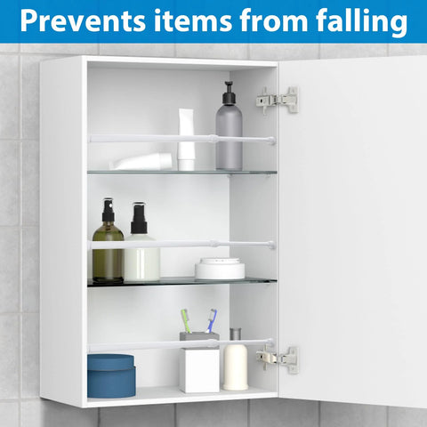 Open cabinet with 4 pack adjustable sliding door security bars with white rubber tips tension rods 9.8 to 15.7 inch installed on shelves.