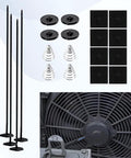 Ultimate Car Radiator Fan Mounting Kit with zip ties, clips, rods, springs, and fan for electric cooling and transmission coolers.